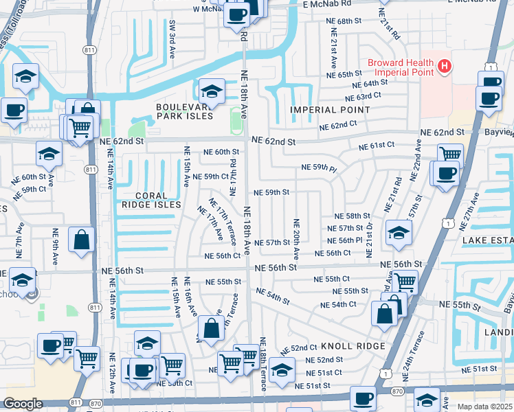 map of restaurants, bars, coffee shops, grocery stores, and more near 1800 Northeast 59th Street in Fort Lauderdale