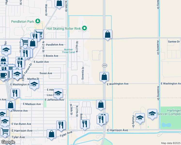 map of restaurants, bars, coffee shops, grocery stores, and more near 738 Sonesta Court in Harlingen