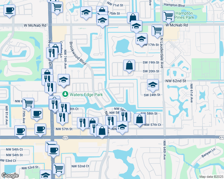 map of restaurants, bars, coffee shops, grocery stores, and more near 6724 Northwest 61st Street in Tamarac
