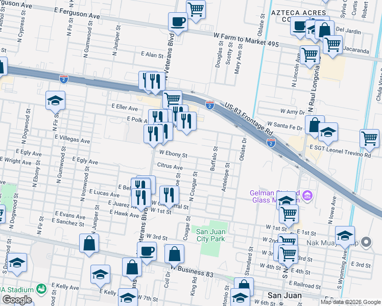 map of restaurants, bars, coffee shops, grocery stores, and more near 703 Hackberry Avenue in Alamo