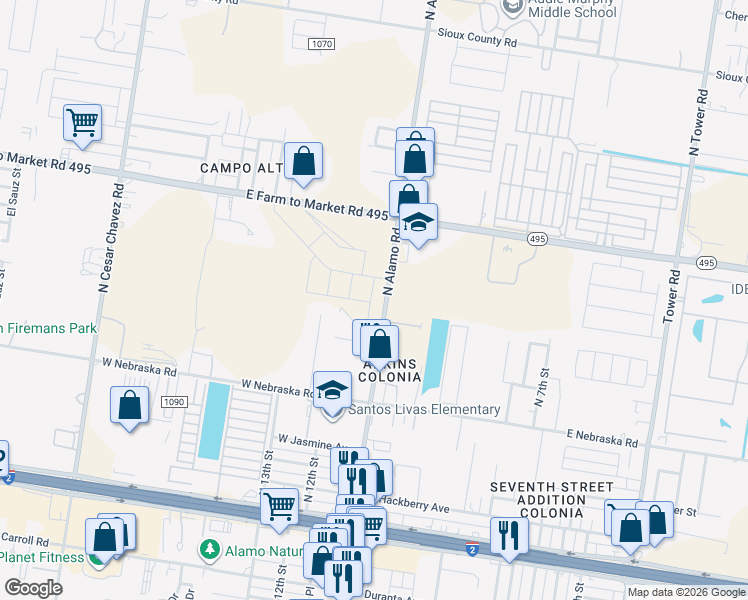 map of restaurants, bars, coffee shops, grocery stores, and more near 932 N Alamo Rd in Alamo