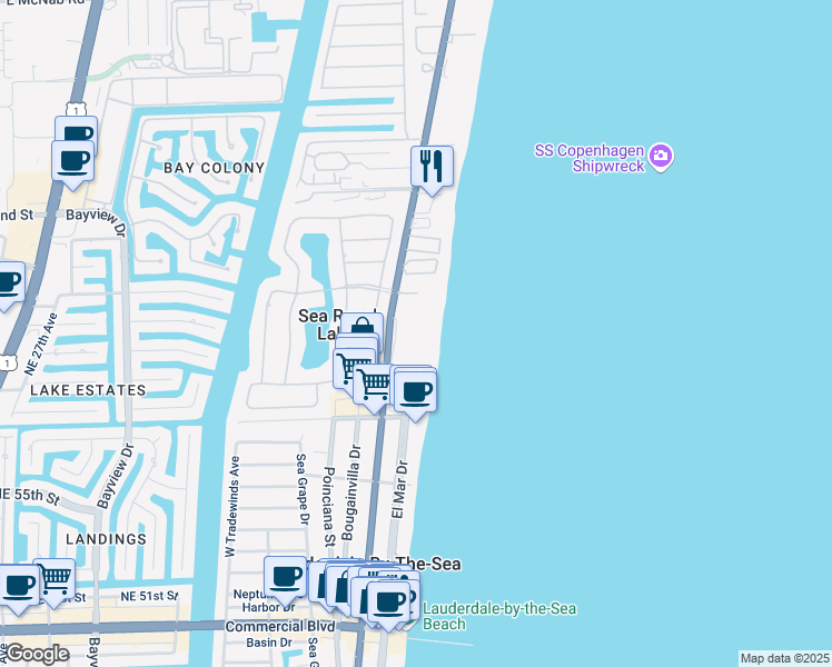 map of restaurants, bars, coffee shops, grocery stores, and more near 5220 North Ocean Boulevard in Lauderdale-by-the-Sea