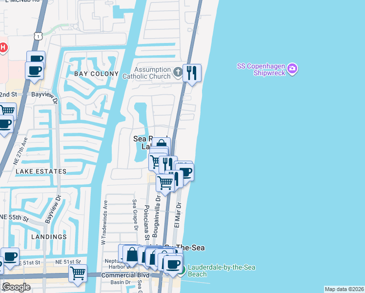 map of restaurants, bars, coffee shops, grocery stores, and more near 5100 North Ocean Drive in Lauderdale-by-the-Sea