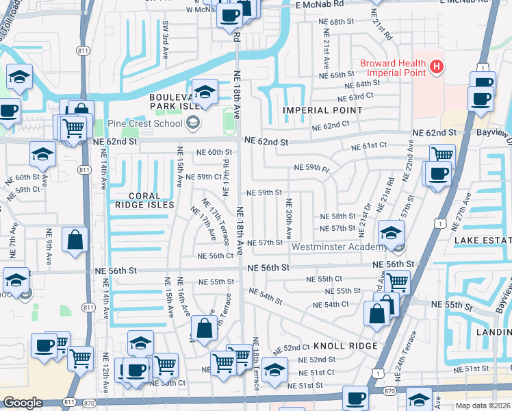 map of restaurants, bars, coffee shops, grocery stores, and more near 1800 Northeast 59th Street in Fort Lauderdale