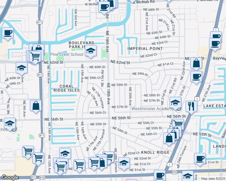 map of restaurants, bars, coffee shops, grocery stores, and more near 1800 Northeast 59th Street in Fort Lauderdale