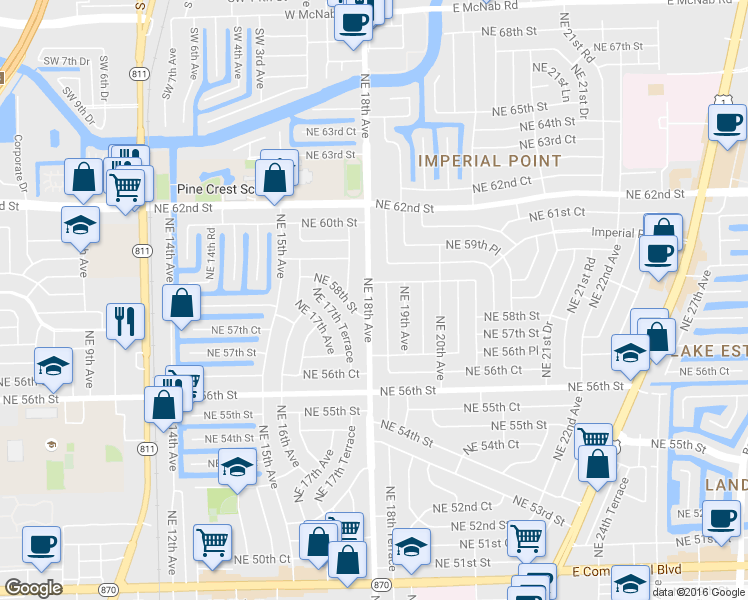 map of restaurants, bars, coffee shops, grocery stores, and more near 1800 Northeast 59th Street in Fort Lauderdale