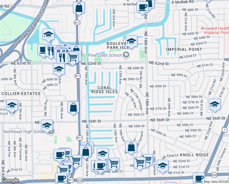 map of restaurants, bars, coffee shops, grocery stores, and more near 5767 Northeast 15th Avenue in Fort Lauderdale