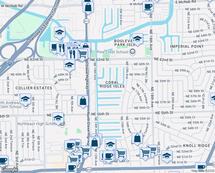 map of restaurants, bars, coffee shops, grocery stores, and more near 5840 Northeast 14th Road in Fort Lauderdale