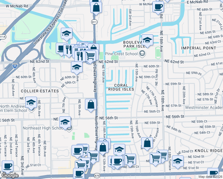 map of restaurants, bars, coffee shops, grocery stores, and more near 5840 Northeast 14th Road in Fort Lauderdale