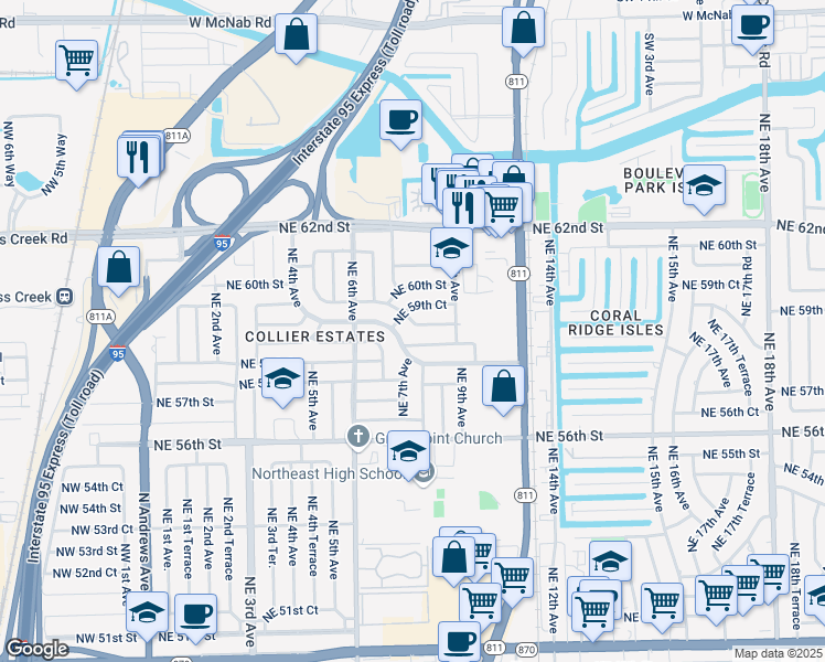 map of restaurants, bars, coffee shops, grocery stores, and more near 680 Northeast 59th Court in Fort Lauderdale