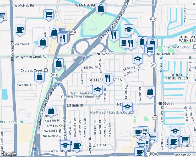 map of restaurants, bars, coffee shops, grocery stores, and more near 341 Northeast 59th Street in Fort Lauderdale