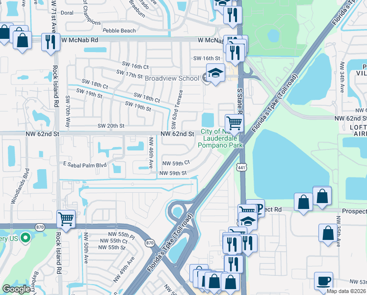 map of restaurants, bars, coffee shops, grocery stores, and more near 4411 Northwest 61st Street in Fort Lauderdale