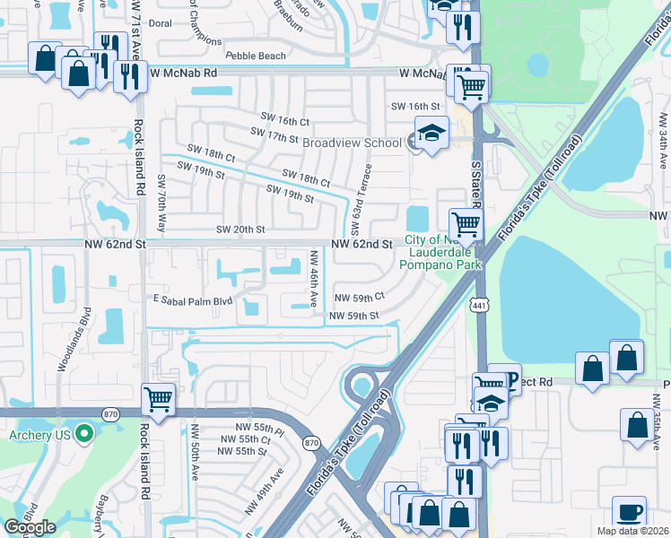 map of restaurants, bars, coffee shops, grocery stores, and more near 6131 Northwest 45th Avenue in Fort Lauderdale