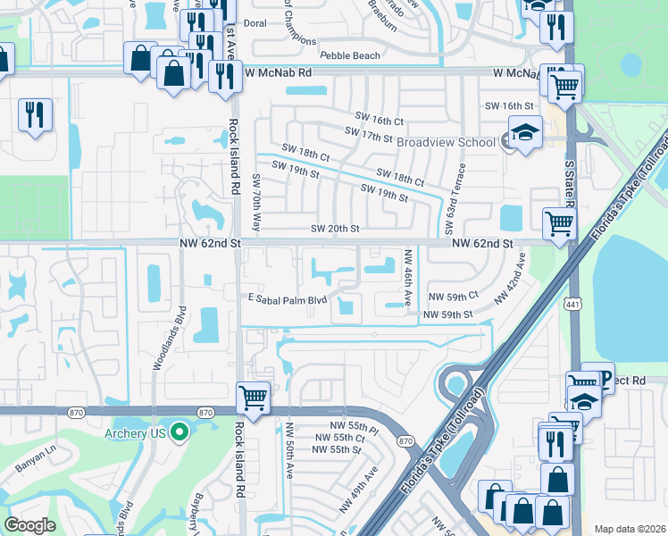 map of restaurants, bars, coffee shops, grocery stores, and more near 4955 East Sabal Palm Boulevard in Tamarac