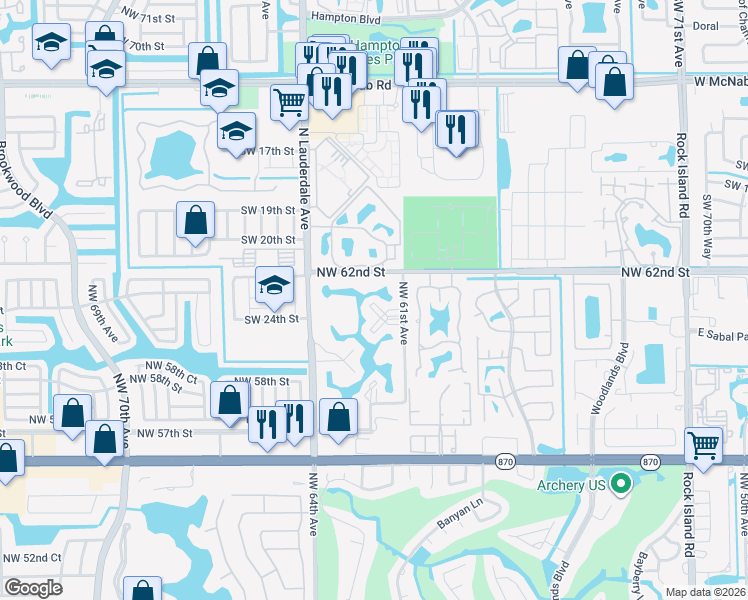 map of restaurants, bars, coffee shops, grocery stores, and more near 6200 Northwest 62nd Street in Tamarac