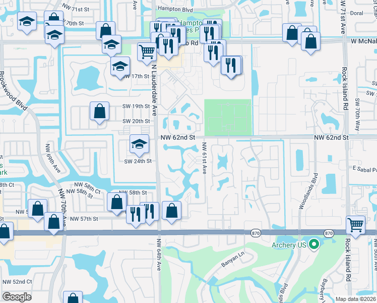 map of restaurants, bars, coffee shops, grocery stores, and more near 6200 Northwest 62nd Street in Tamarac