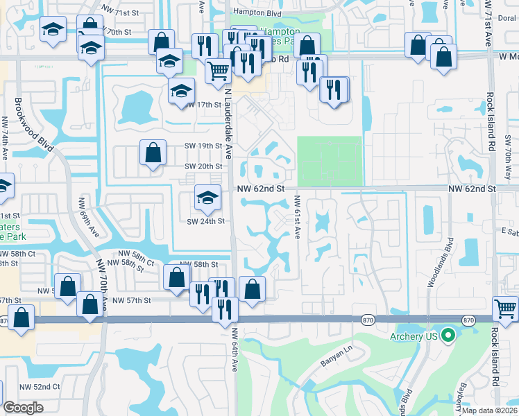 map of restaurants, bars, coffee shops, grocery stores, and more near 6300 Northwest 62nd Street in Fort Lauderdale
