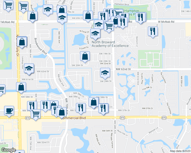 map of restaurants, bars, coffee shops, grocery stores, and more near 2307 Southwest 82nd Terrace in North Lauderdale