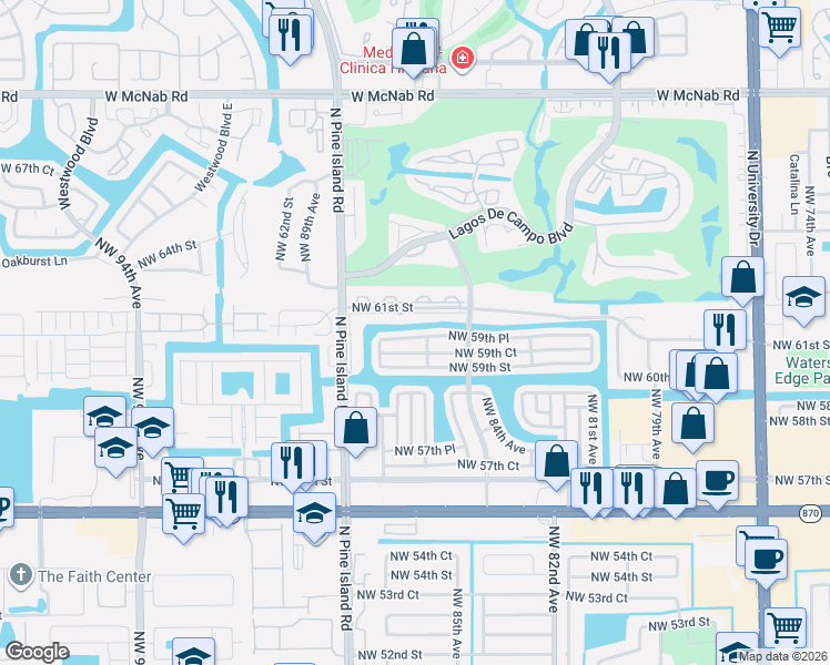 map of restaurants, bars, coffee shops, grocery stores, and more near 8530 Northwest 61st Street in Tamarac