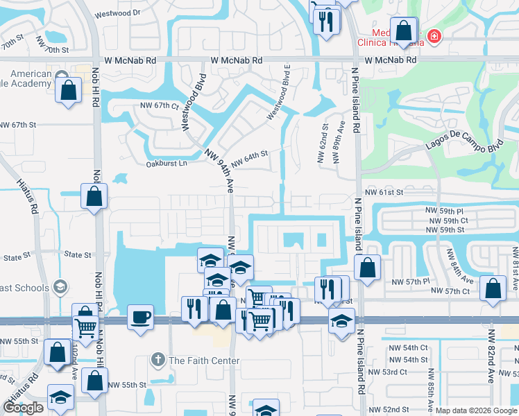 map of restaurants, bars, coffee shops, grocery stores, and more near 6041 Northwest 91st Way in Tamarac