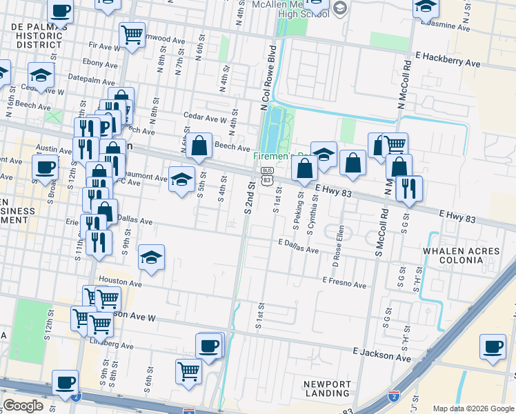 map of restaurants, bars, coffee shops, grocery stores, and more near 209 South Col Rowe Boulevard in McAllen