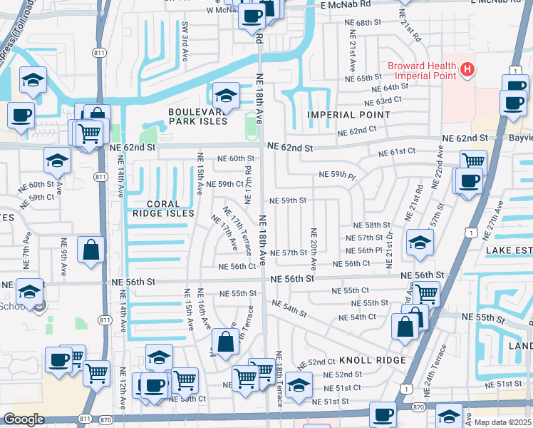 map of restaurants, bars, coffee shops, grocery stores, and more near 1800 Northeast 59th Street in Fort Lauderdale