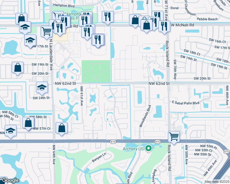 map of restaurants, bars, coffee shops, grocery stores, and more near 40 Meacham Lane in Tamarac