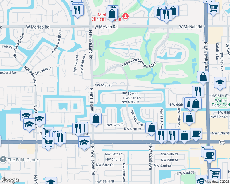 map of restaurants, bars, coffee shops, grocery stores, and more near 8530 Northwest 61st Street in Tamarac