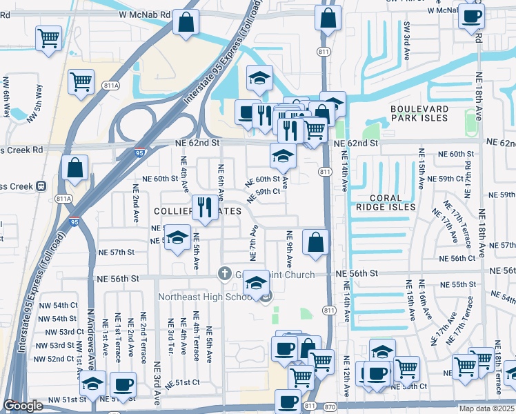 map of restaurants, bars, coffee shops, grocery stores, and more near 680 Northeast 59th Court in Fort Lauderdale