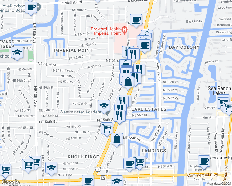 map of restaurants, bars, coffee shops, grocery stores, and more near 5831 Northeast 22nd Way in Fort Lauderdale