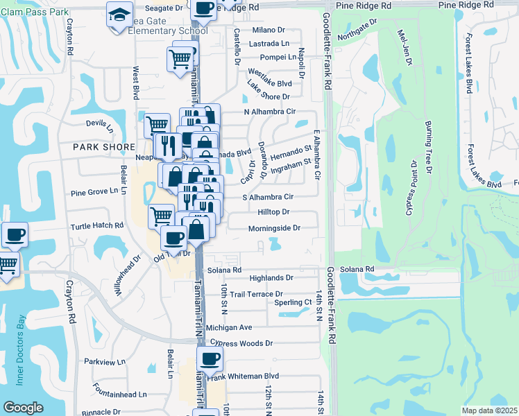 map of restaurants, bars, coffee shops, grocery stores, and more near 1137 Hilltop Drive in Naples