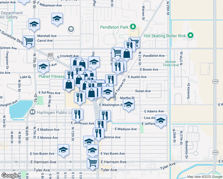 map of restaurants, bars, coffee shops, grocery stores, and more near 1605 Chaparral Lane in Harlingen