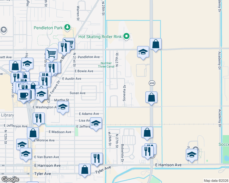 map of restaurants, bars, coffee shops, grocery stores, and more near 801 North 27th Street in Harlingen