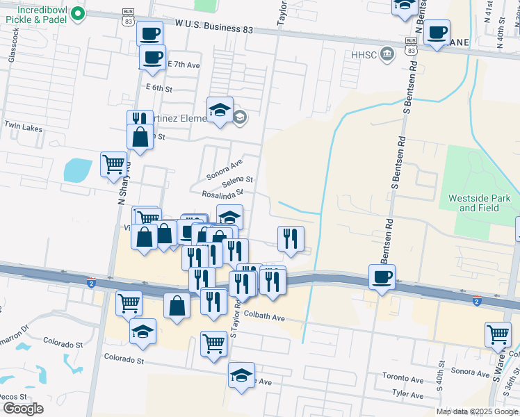 map of restaurants, bars, coffee shops, grocery stores, and more near 1117 South Taylor Road in McAllen