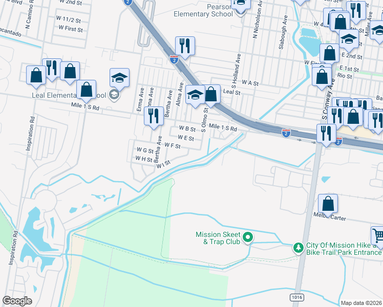 map of restaurants, bars, coffee shops, grocery stores, and more near 900 West F Street in Mission