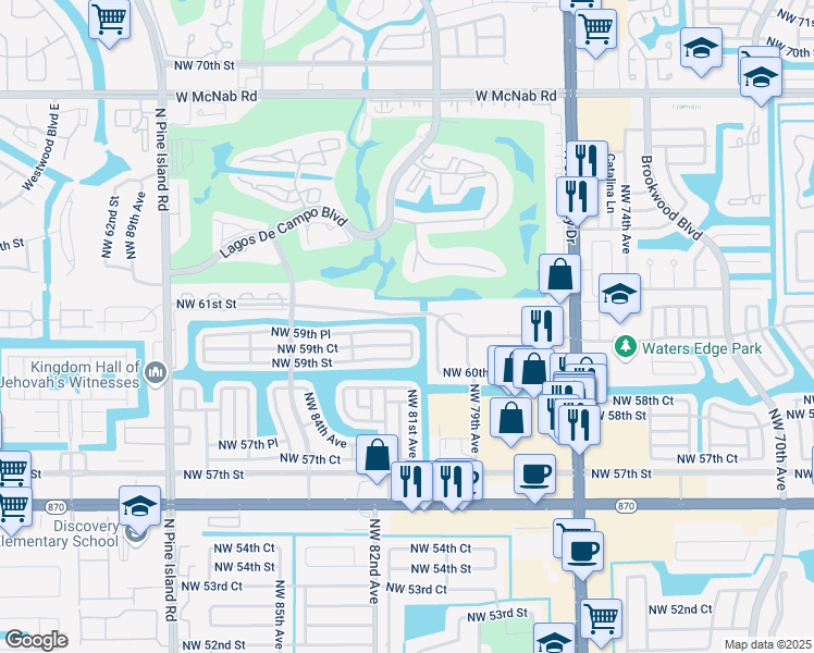 map of restaurants, bars, coffee shops, grocery stores, and more near 8101 Northwest 59th Place in Tamarac