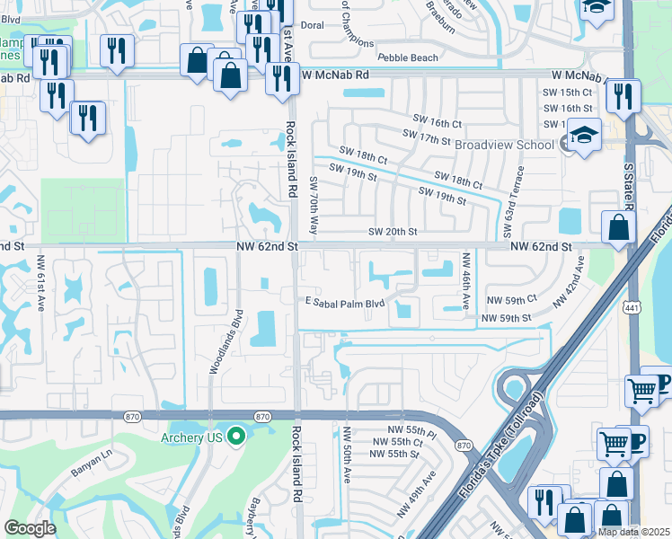 map of restaurants, bars, coffee shops, grocery stores, and more near 5155 East Sabal Palm Boulevard in Tamarac