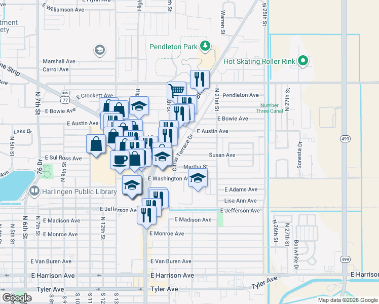 map of restaurants, bars, coffee shops, grocery stores, and more near 2002 Theresa Avenue in Harlingen