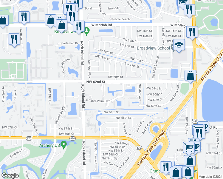 map of restaurants, bars, coffee shops, grocery stores, and more near 4955 East Sabal Palm Boulevard in Tamarac