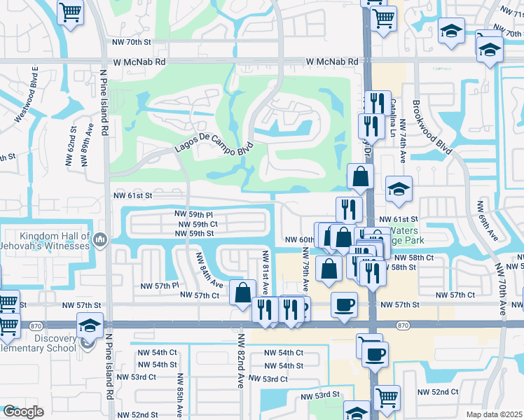 map of restaurants, bars, coffee shops, grocery stores, and more near 8101 Northwest 59th Place in Tamarac