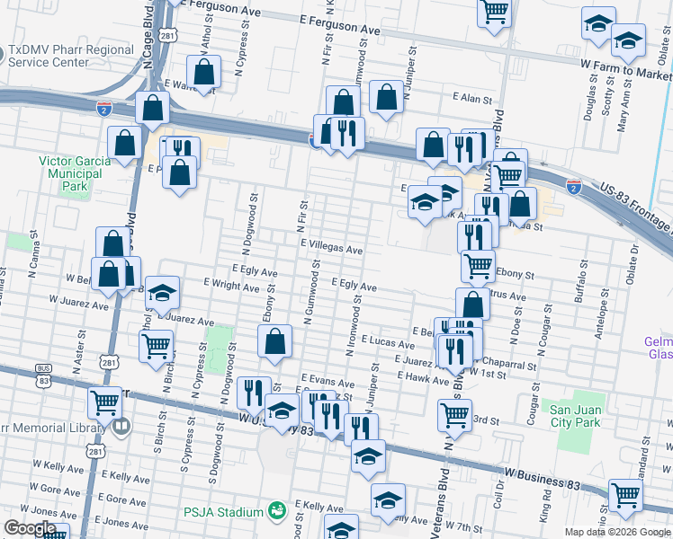 map of restaurants, bars, coffee shops, grocery stores, and more near 805 East Chapa Avenue in Pharr