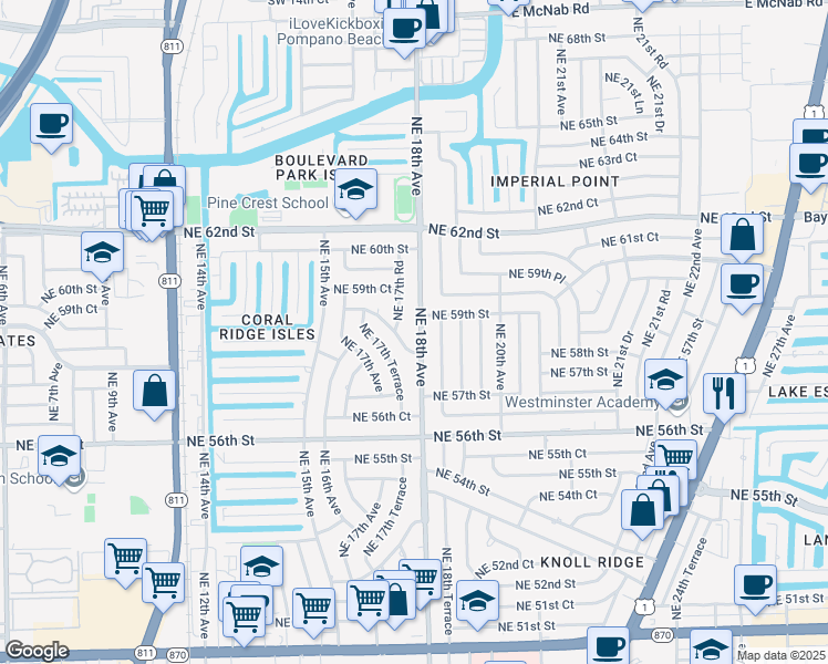 map of restaurants, bars, coffee shops, grocery stores, and more near 1800 Northeast 59th Street in Fort Lauderdale