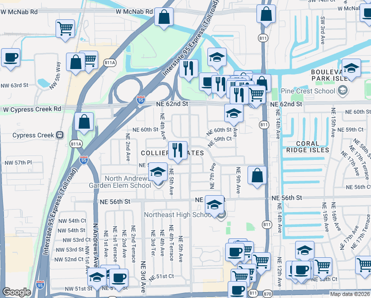 map of restaurants, bars, coffee shops, grocery stores, and more near 601 Northeast 59th Street in Fort Lauderdale