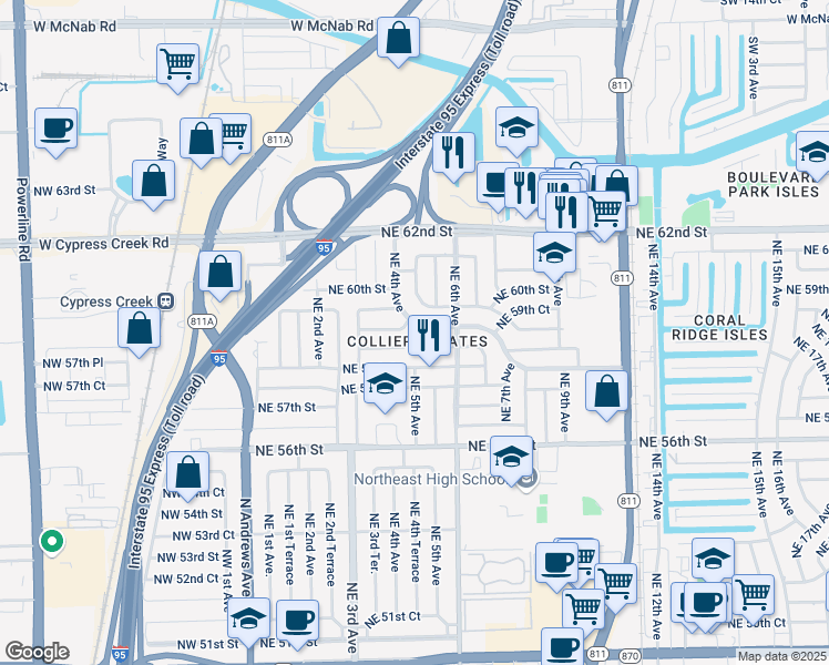map of restaurants, bars, coffee shops, grocery stores, and more near 531 Northeast 59th Street in Fort Lauderdale