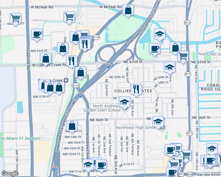 map of restaurants, bars, coffee shops, grocery stores, and more near 5930 Northeast 2nd Terrace in Fort Lauderdale