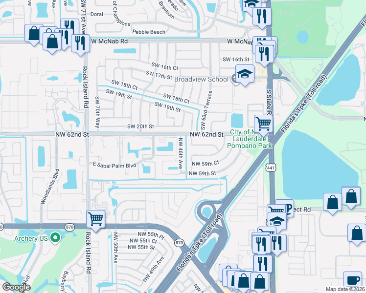 map of restaurants, bars, coffee shops, grocery stores, and more near 6131 Northwest 45th Avenue in Fort Lauderdale