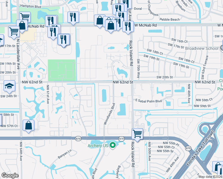 map of restaurants, bars, coffee shops, grocery stores, and more near 6160 Northwest 54th Lane in Tamarac