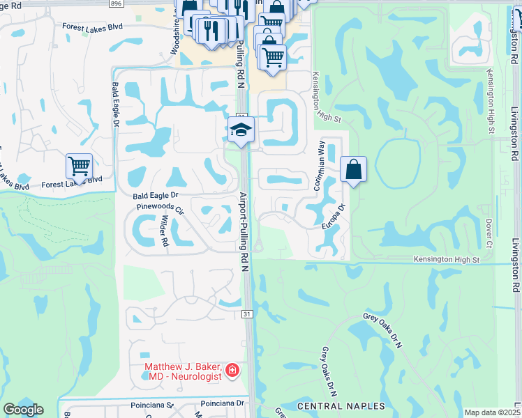 map of restaurants, bars, coffee shops, grocery stores, and more near 3311 Europa Drive in Naples