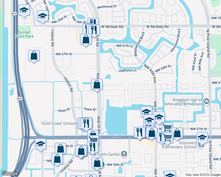 map of restaurants, bars, coffee shops, grocery stores, and more near 9872 North Grand Duke Circle in Tamarac