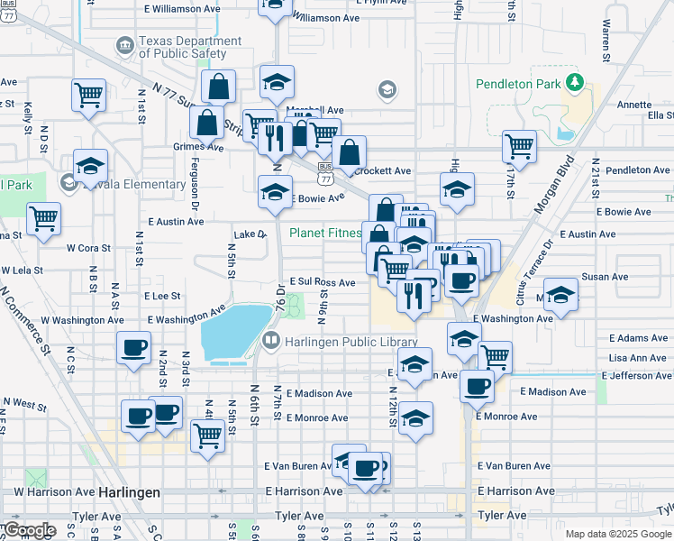 map of restaurants, bars, coffee shops, grocery stores, and more near 915 East Jim Hogg Avenue in Harlingen